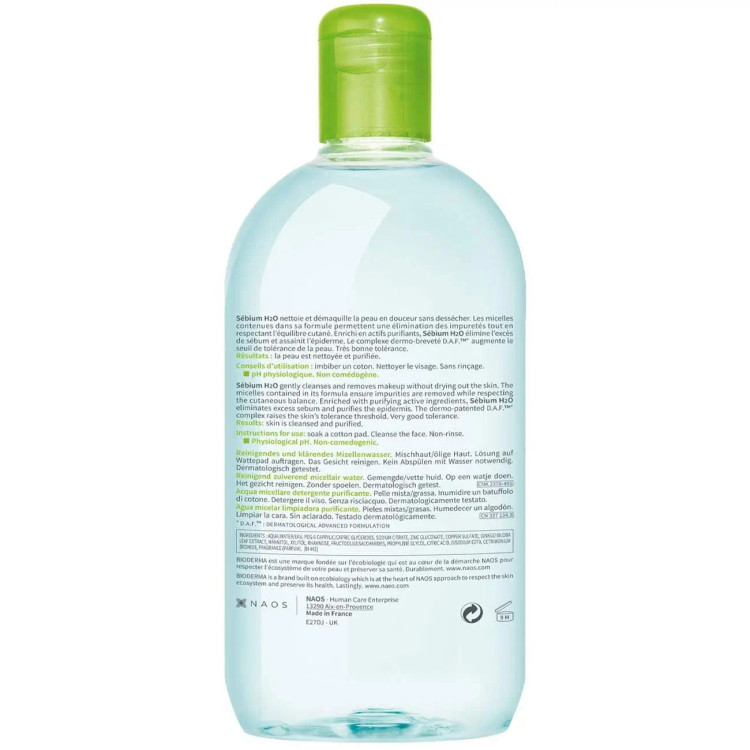 میسلار واتر بایودرما مدل Sébium H2O پاک کننده آرایش و کنترل چربی پوست حجم ۵۰۰ میلیلیتر